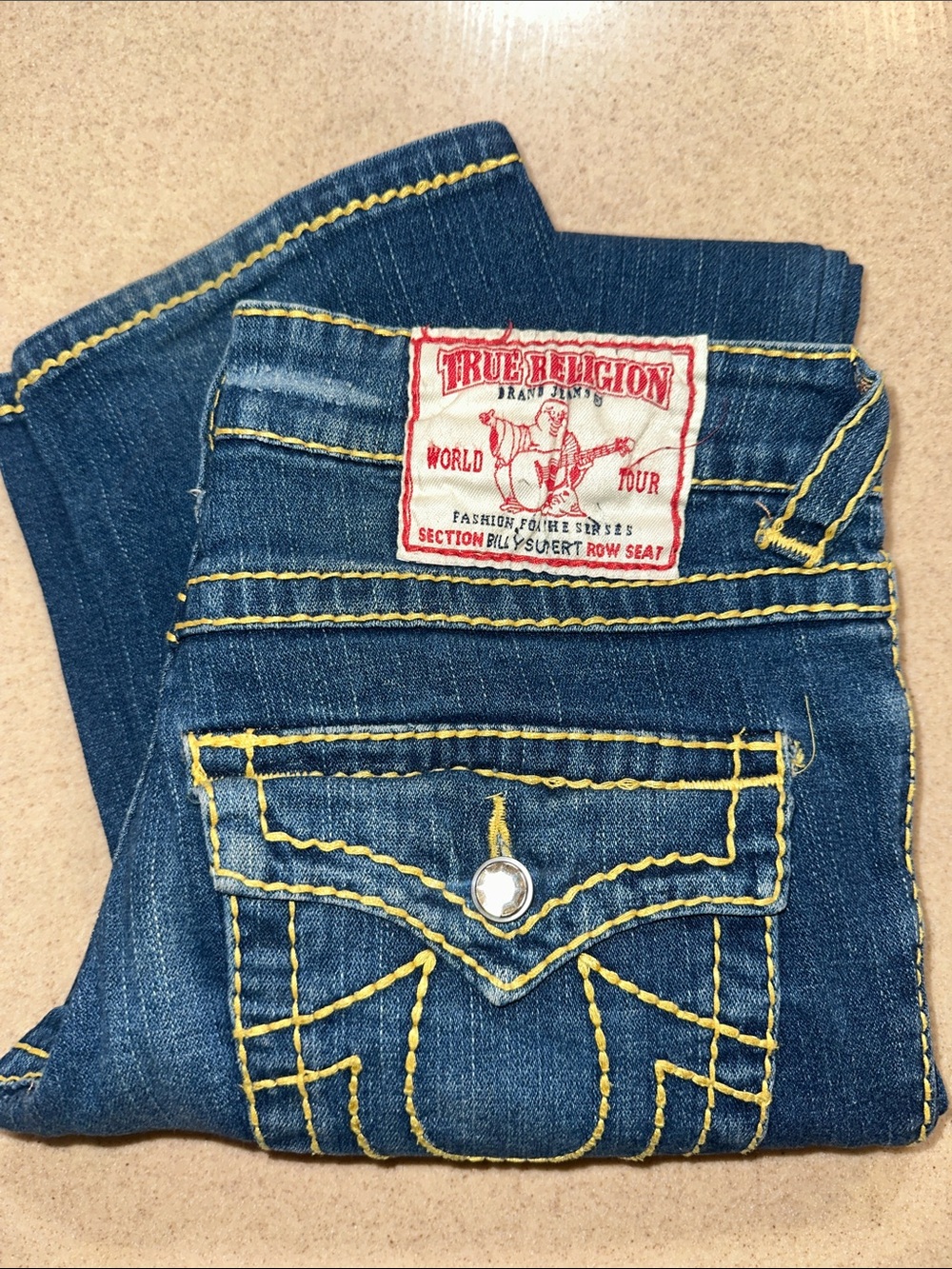 True Religion Women's Blue Straight Cut Jeans with Yellow Stitching